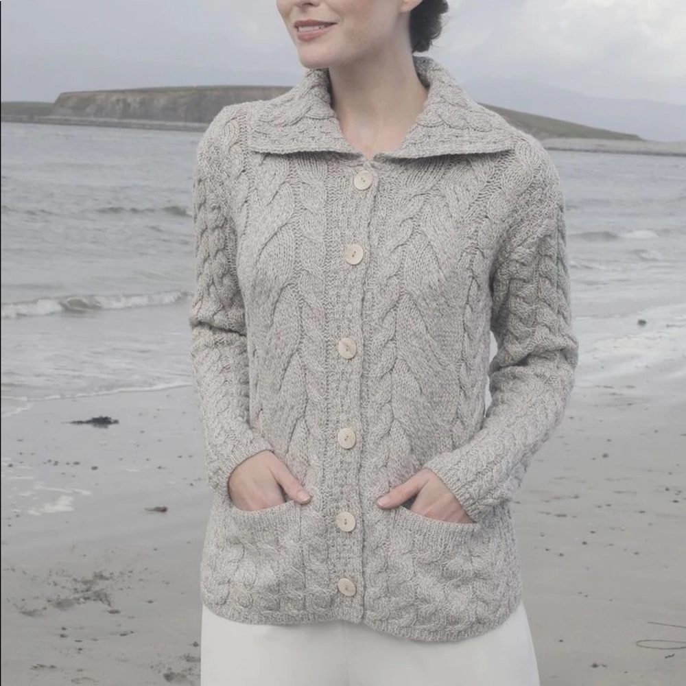 Aran Woollen Mills Super Soft Merino Wide Collar Cable Cardigan